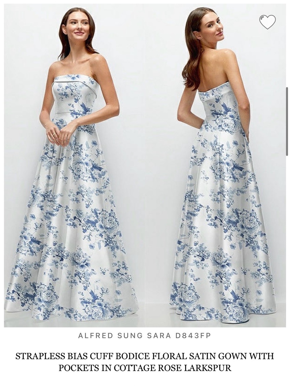 ALFRED SUNG Strapless Satin Gown in White and Blue Floral